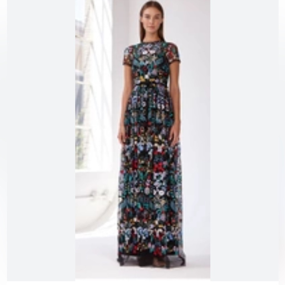 ML Monique Lhuillier Floral-Embroidered Mesh Maxi Dress 10 NWT - Picture 2 of 9